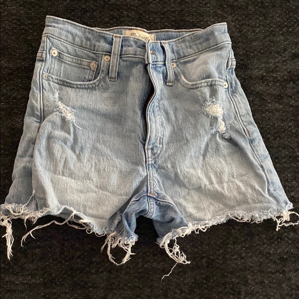 madewell high rise distressed jean shorts